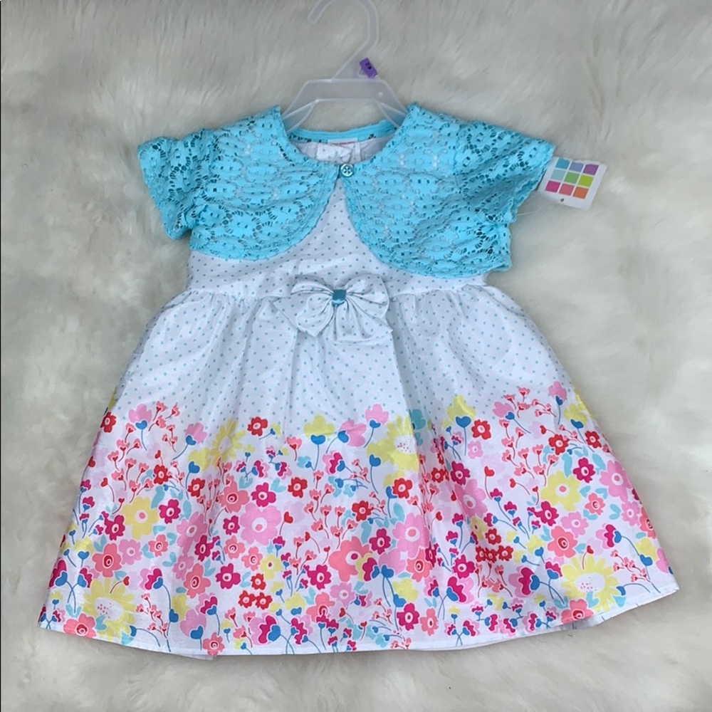 Baby Girls 12M White & Blue Floral Formal Dress
